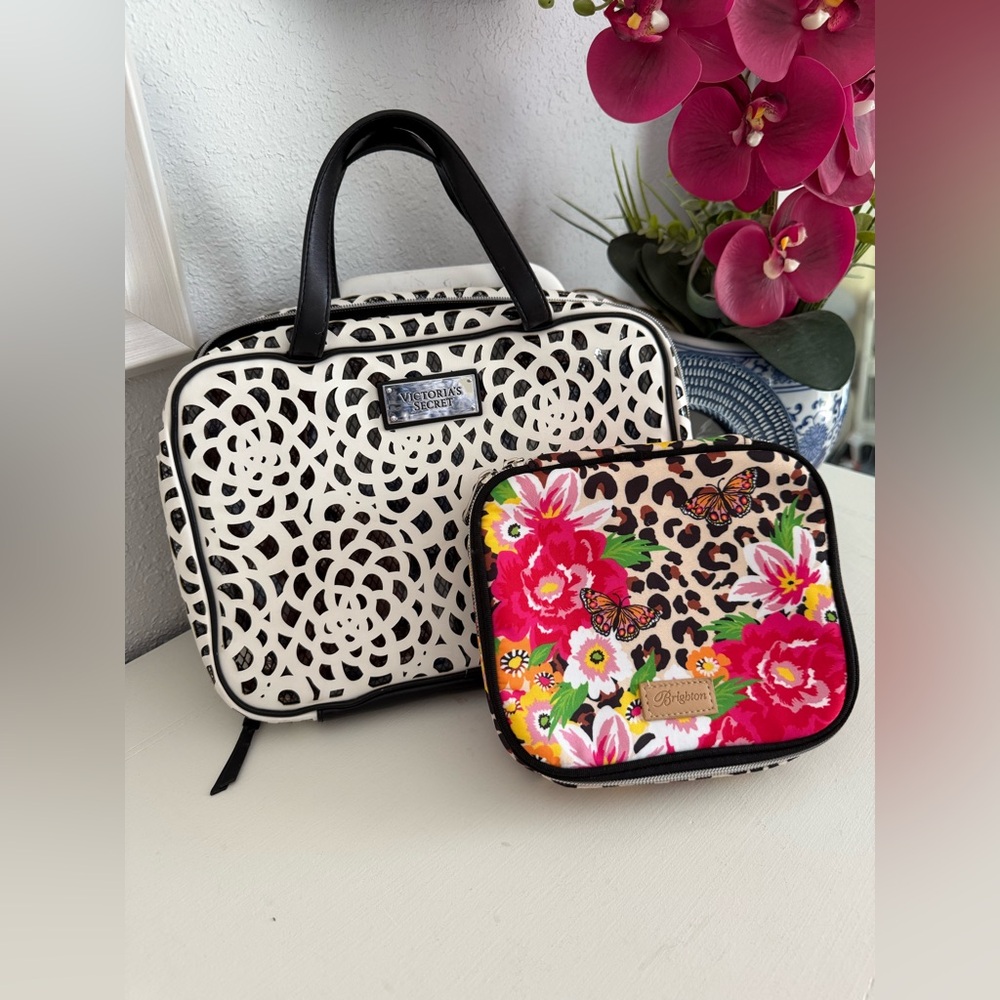 BUNDLE Victoria's Secret B&W Cosmetic Travel Bag / Brighton Leopard Bag